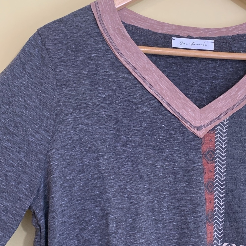 Ces Femme | NIP Charcoal Multi Color Block V-Neck Long Sleeve Top M - Picture 3 of 7